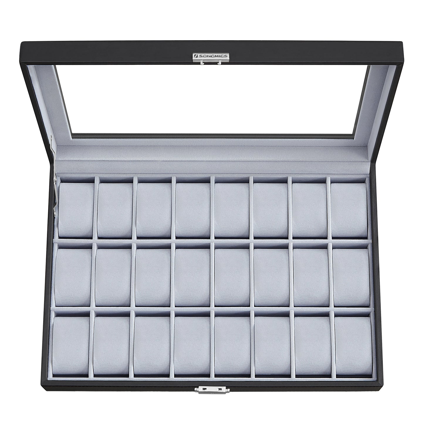 SONGMICS Boîte de rangement verrouillable pour montres avec 24 emplacements, couvercle en verre, cadeau pour vos proches, cuir synthétique noir, doublure noire d'encre
