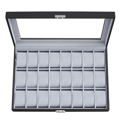 SONGMICS Boîte de rangement verrouillable pour montres avec 24 emplacements, couvercle en verre, cadeau pour vos proches, cuir synthétique noir, doublure noire d'encre
