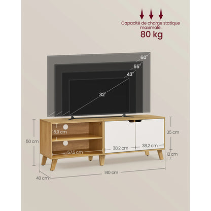Meuble TV 2 Portes, Longueur 140 cm, pour Téléviseurs 60 Pouces, Salon, Salle à Manger, Chambre, Chêne Naturel et Blanc Crème