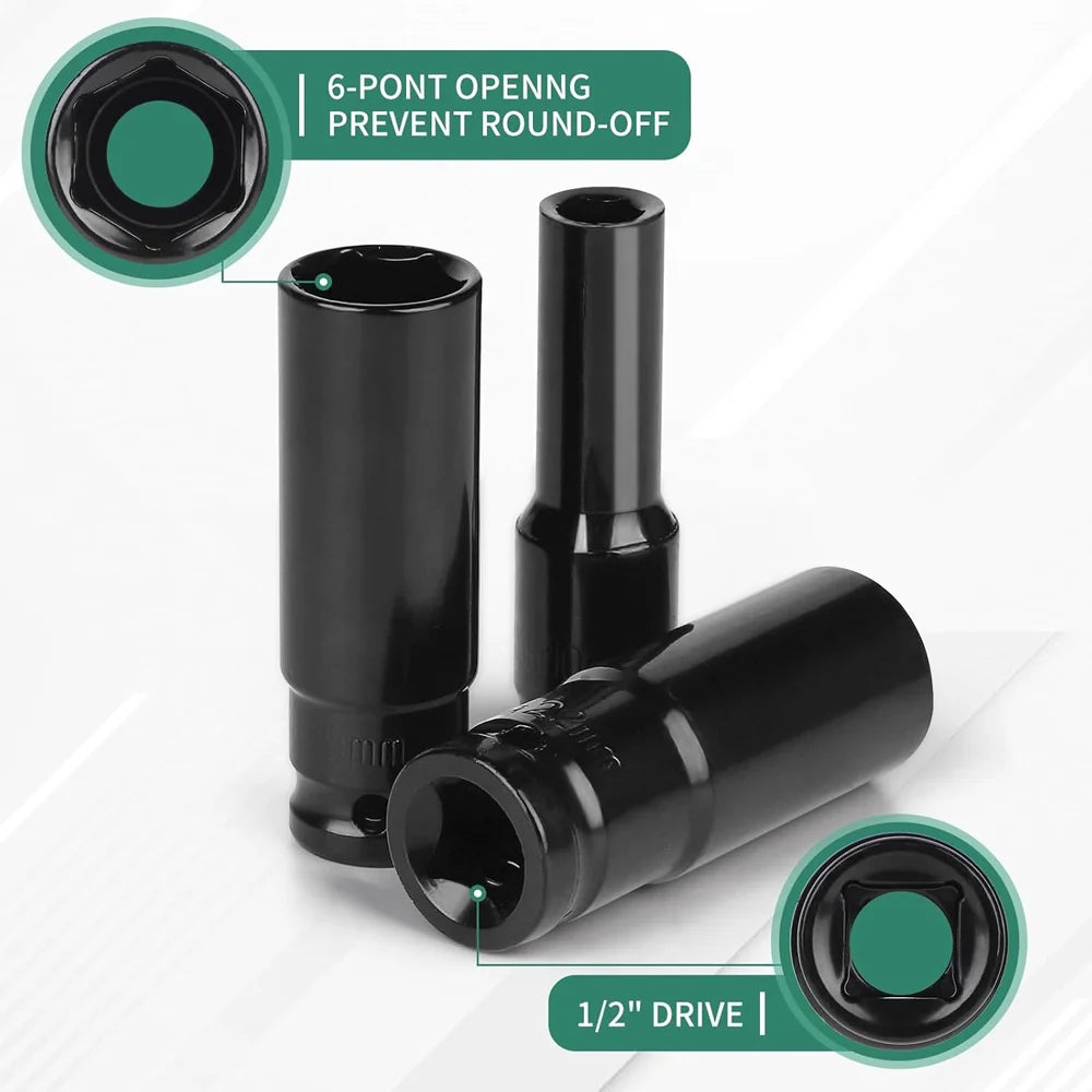 10pcs Impact Socket Set 1/2” Metric Spanner Drive Deep Sockets 10-24mm Pneumatic Wrench Head Tire Removal Tools