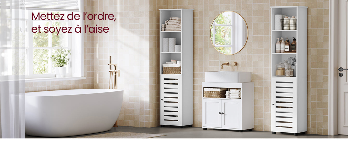 VASAGLE Meuble de Salle de Bain, Étagère de Rangement, Placard Haut, avec 3 Compartiments Ouverts et 2 Étagères Réglables, Salon, Entrée