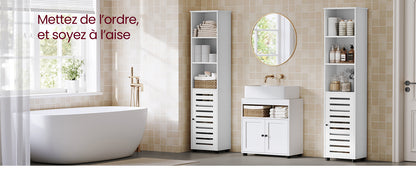 VASAGLE Meuble de Salle de Bain, Étagère de Rangement, Placard Haut, avec 3 Compartiments Ouverts et 2 Étagères Réglables, Salon, Entrée