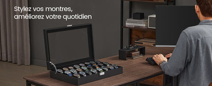 SONGMICS Boîte de rangement verrouillable pour montres avec 24 emplacements, couvercle en verre, cadeau pour vos proches, cuir synthétique noir, doublure noire d'encre